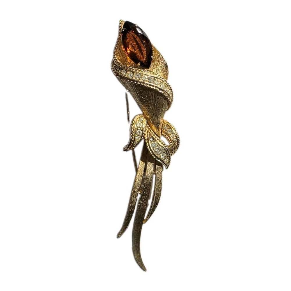 Vintage Sarah Coventry Calla Lily Brooch Topaz Rhinestone Gold Tone 5" Signed